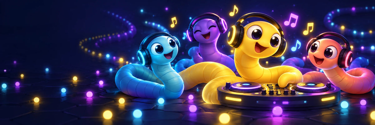 Colorful Slither snakes wearing headphones around DJ decks