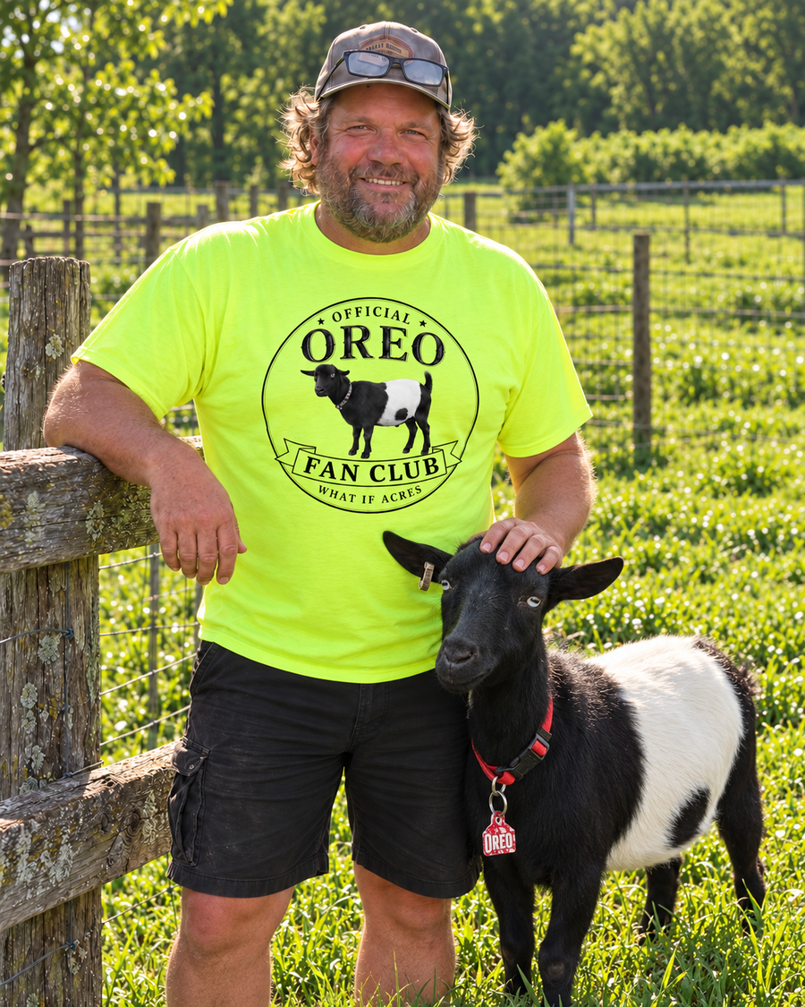 Jeff petting Oreo on the head at the farm; Official Oreo Fan Club shirt graphic revealed.
