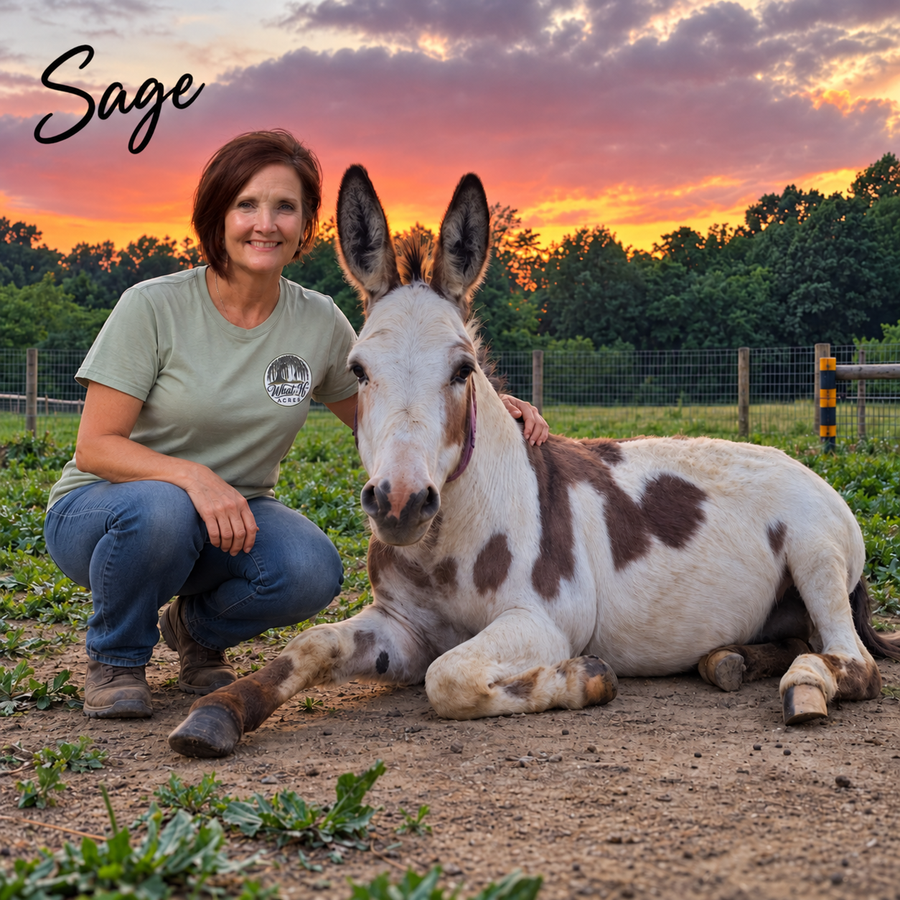 Sage color option: Mary wearing the sage green What If Acres Willow Tree Logo shirt beside the spotted donkey at sunset.