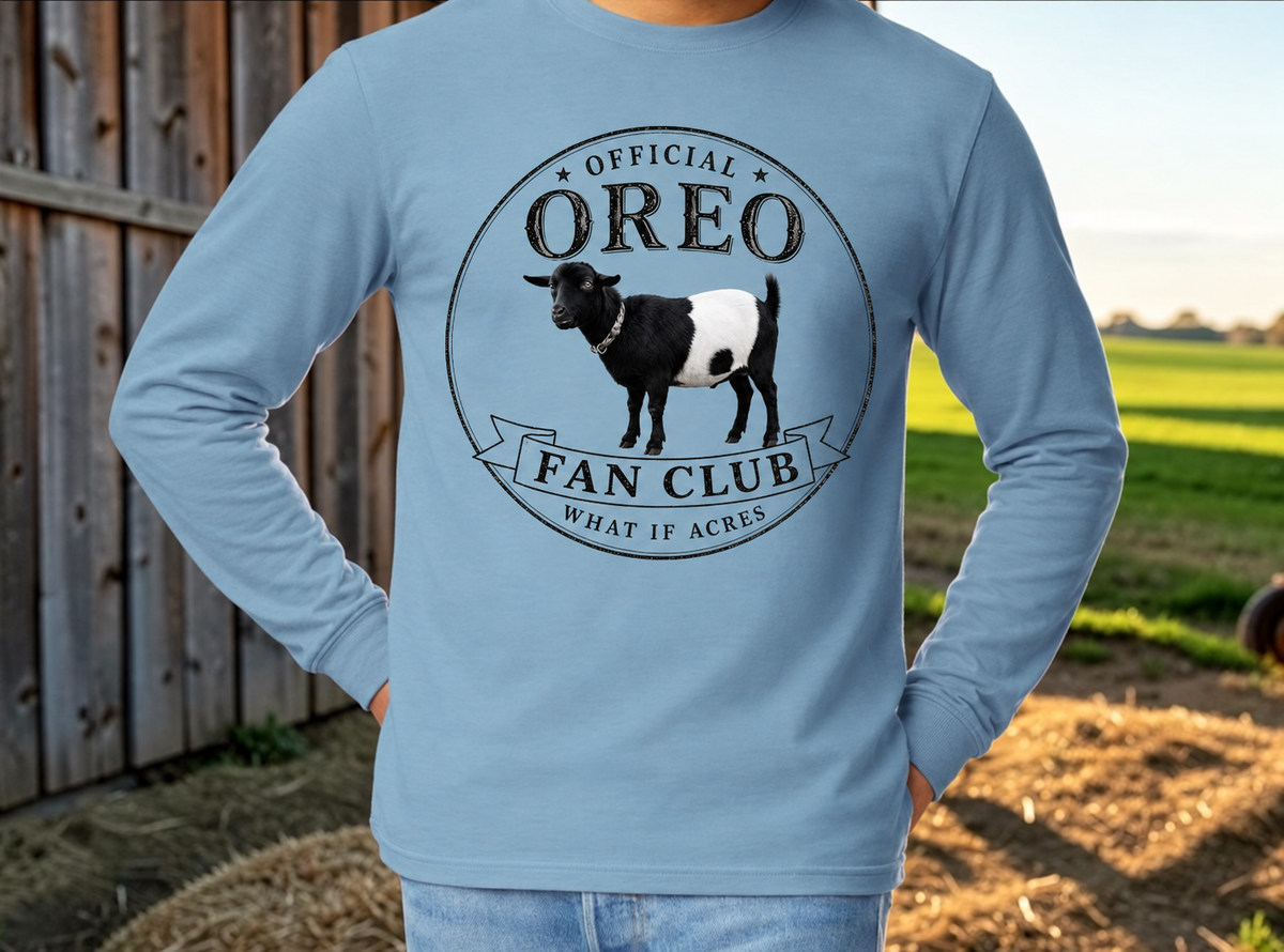 Official Oreo Fan Club Blue long sleeve with the original Oreo design at the farm.