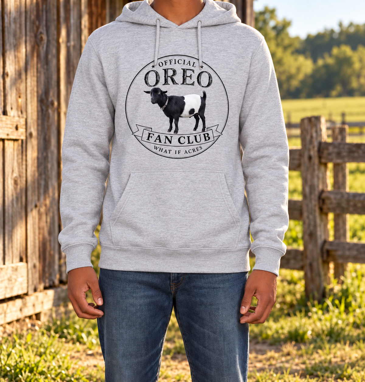Official Oreo Fan Club Light Grey hoodie sweatshirt with the original Oreo design at the farm.