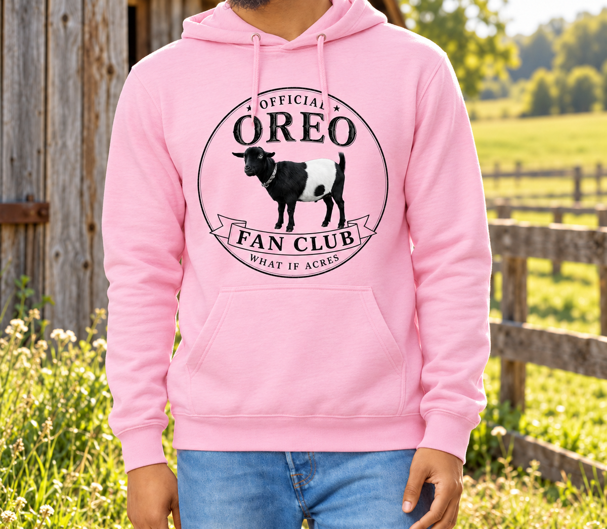 Official Oreo Fan Club Pink hoodie sweatshirt with the original Oreo design at the farm.