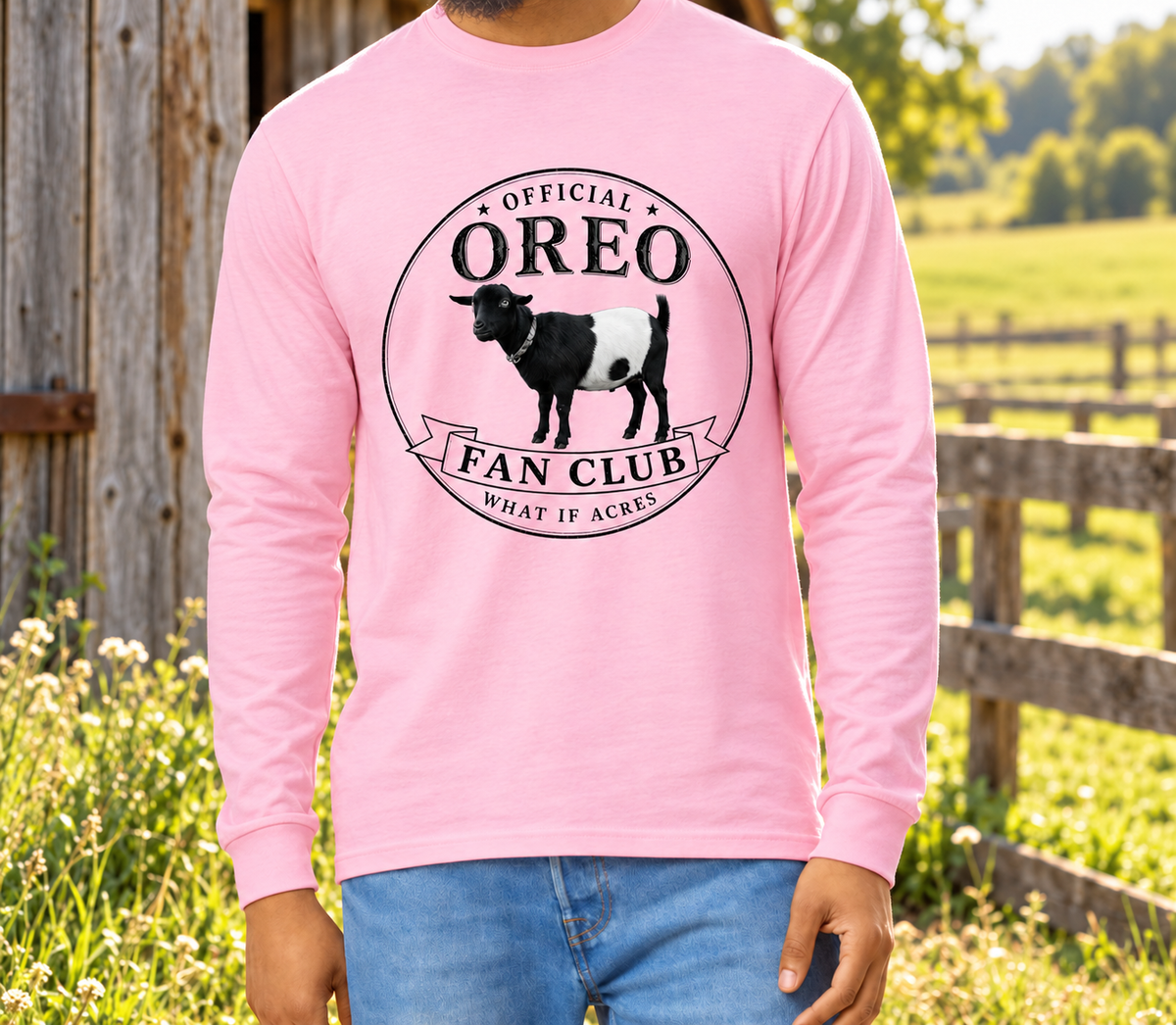 Official Oreo Fan Club Pink long sleeve with the original Oreo design at the farm.