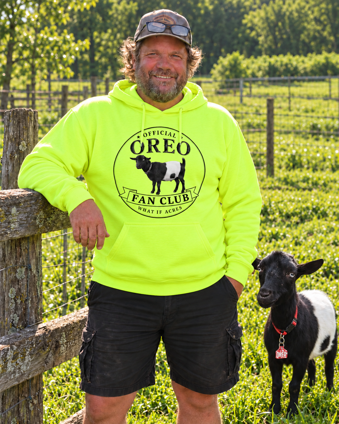 Official Oreo Fan Club Safety Green hoodie sweatshirt with the original Oreo design at the farm.