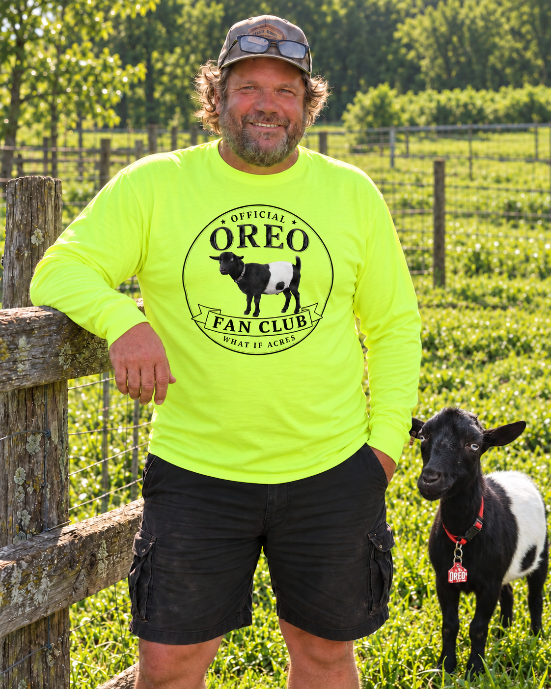 Official Oreo Fan Club Safety Green long sleeve with the original Oreo design at the farm.